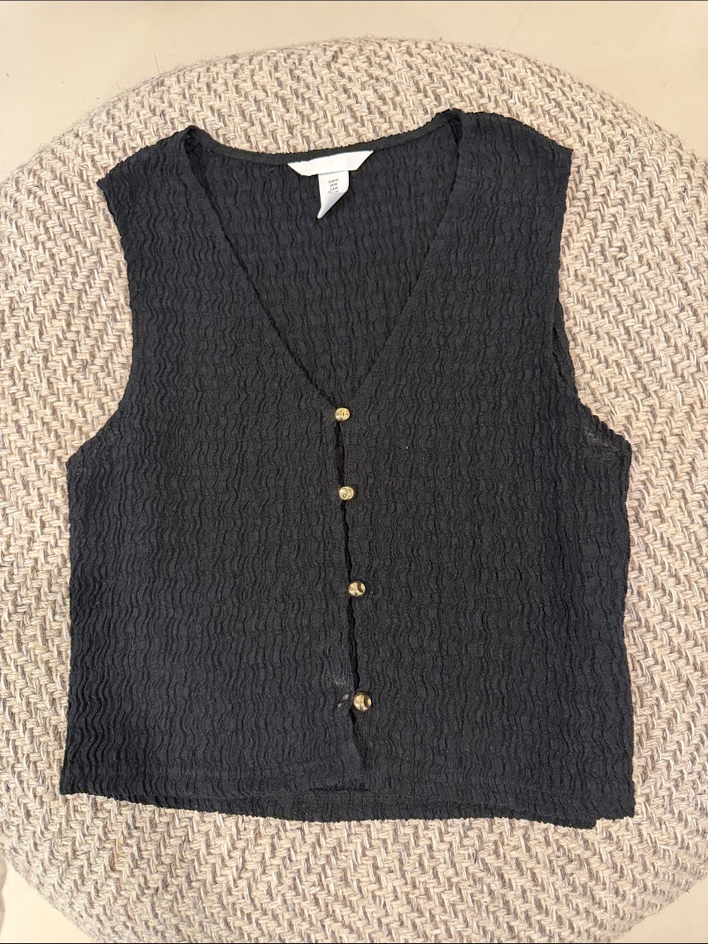 H&M Black Textured V-Neck Tank with Gold Buttons